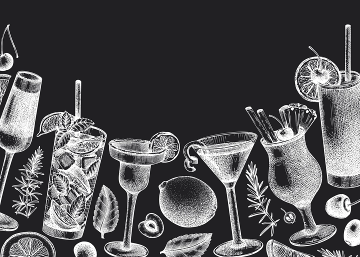 Alcoholic cocktails background on chalkboard. Glass of margarita, mojito, Pina colada, cosmopolitan, tequila sunrise design. Hand-sketched cocktails engraved drawings. Vector drinks illustration